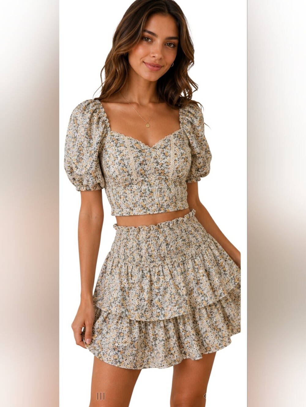 Storia NWT Floral Lace Trim Smocked Puff Sleeve Crop Top & Tiered Skirt Set M